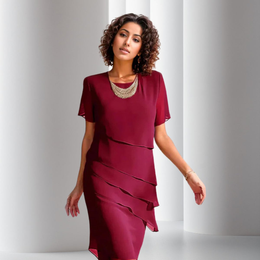 Women's Tiered Chiffon Short-Sleeve Formal Dress