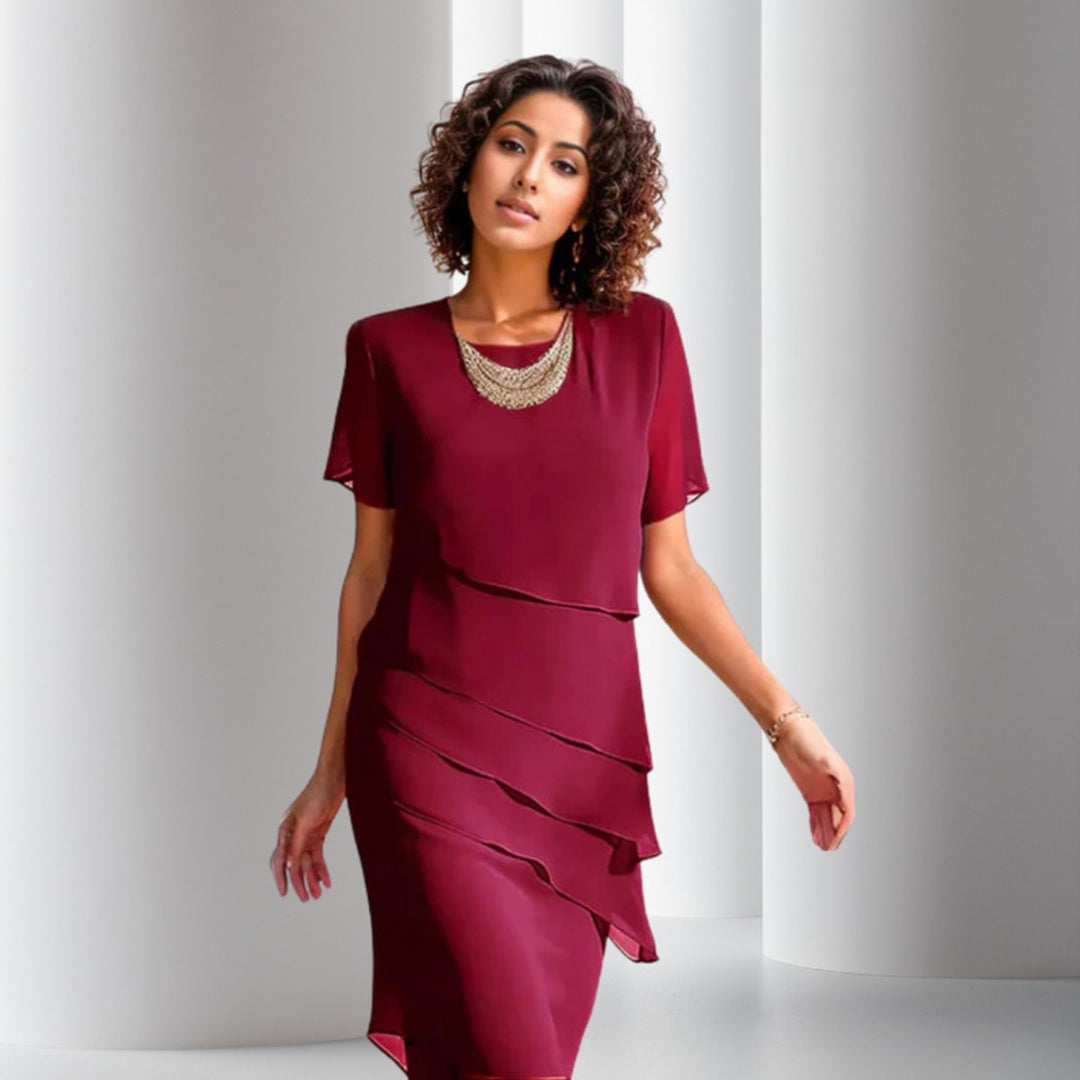 Women's Tiered Chiffon Short-Sleeve Formal Dress