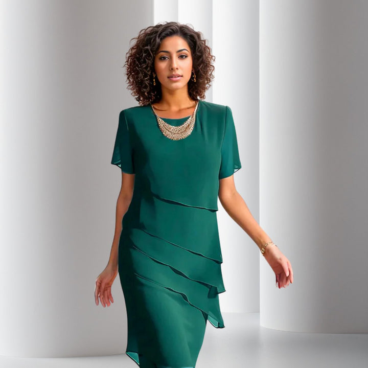 Women's Tiered Chiffon Short-Sleeve Formal Dress