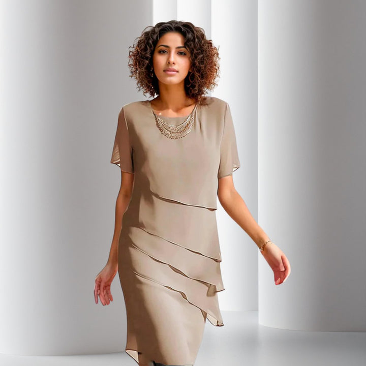 Women's Tiered Chiffon Short-Sleeve Formal Dress
