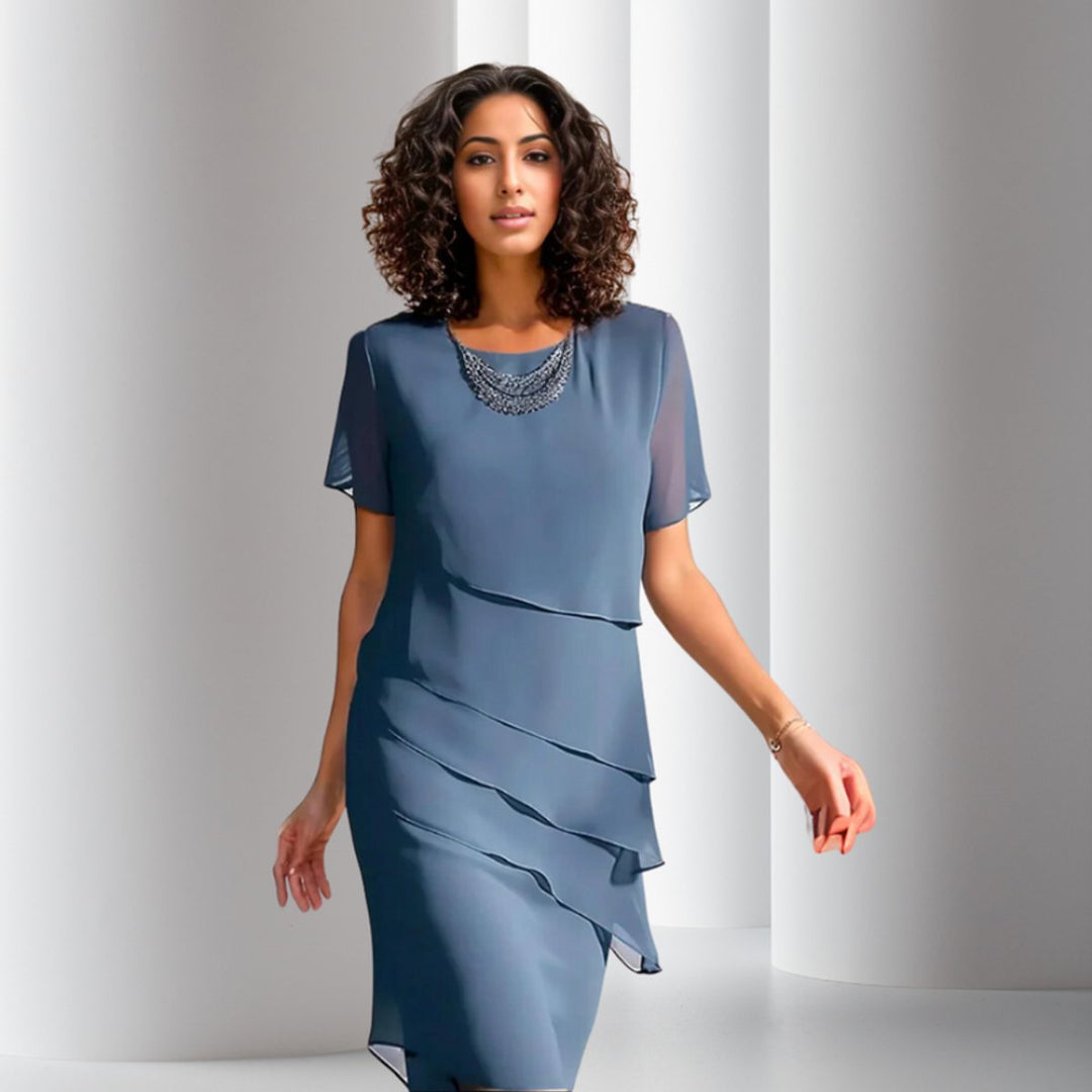 Women's Tiered Chiffon Short-Sleeve Formal Dress