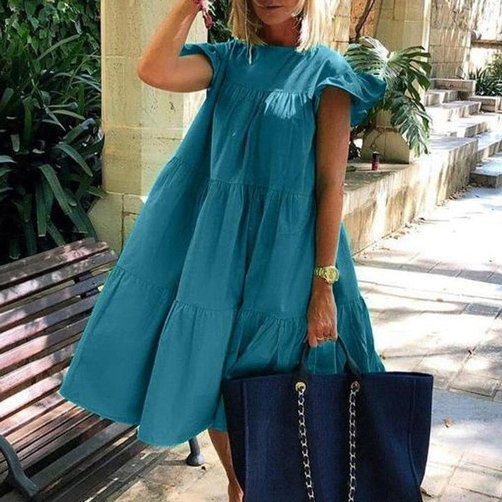 Women's Tiered Flowy Fall Midi Dress Ruffle Cap Sleeve