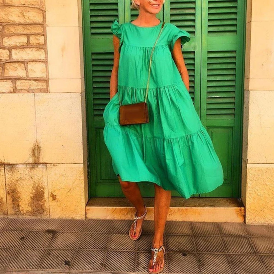Women's Tiered Flowy Fall Midi Dress Ruffle Cap Sleeve
