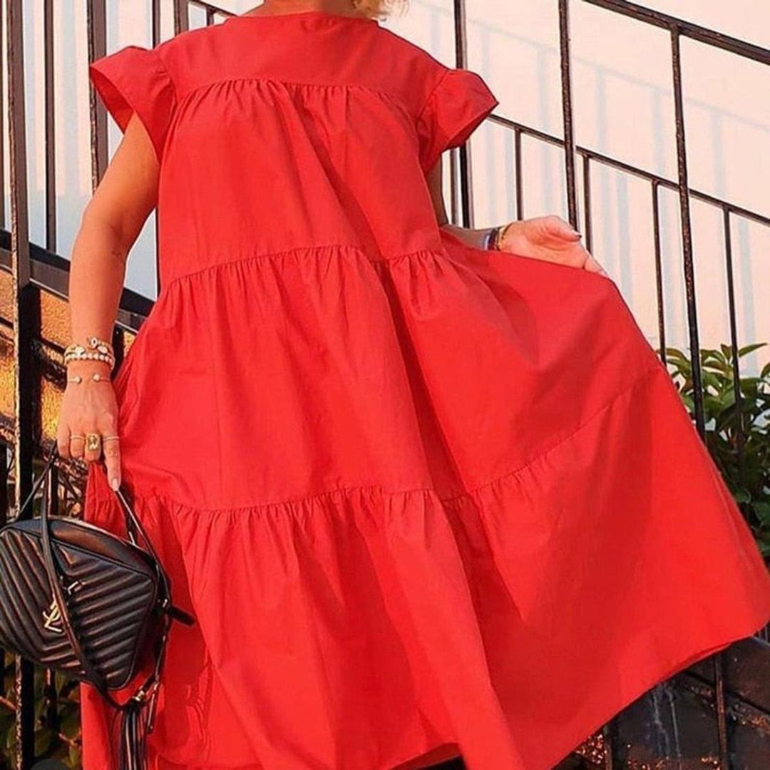 Women's Tiered Flowy Fall Midi Dress Ruffle Cap Sleeve