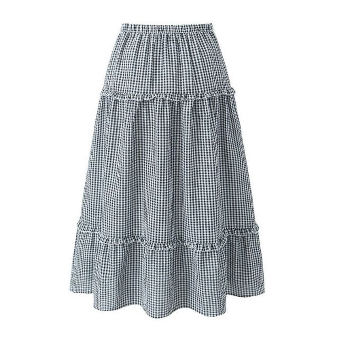 Women's Tiered Gingham Ruffle Fall Midi Skirt Elastic Waist