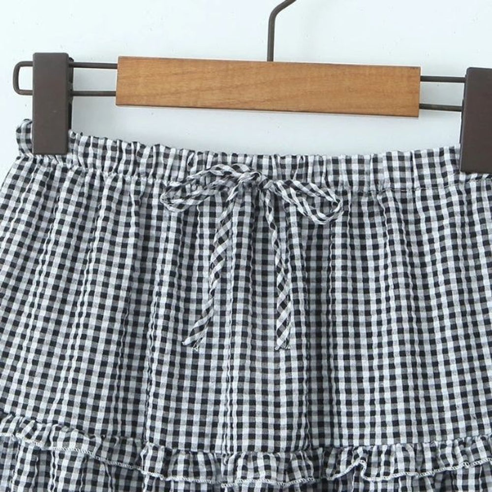 Women's Tiered Gingham Ruffle Fall Midi Skirt Elastic Waist