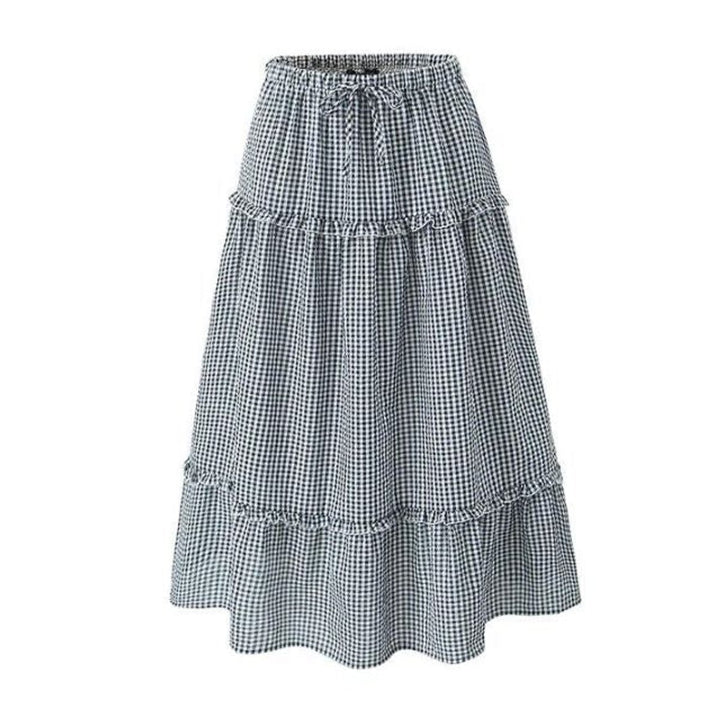 Women's Tiered Gingham Ruffle Fall Midi Skirt Elastic Waist
