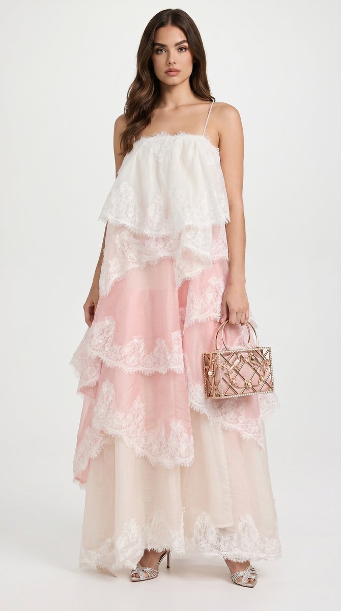 Women's Tiered Lace Organza Fall Wedding Guest Dress Maxi