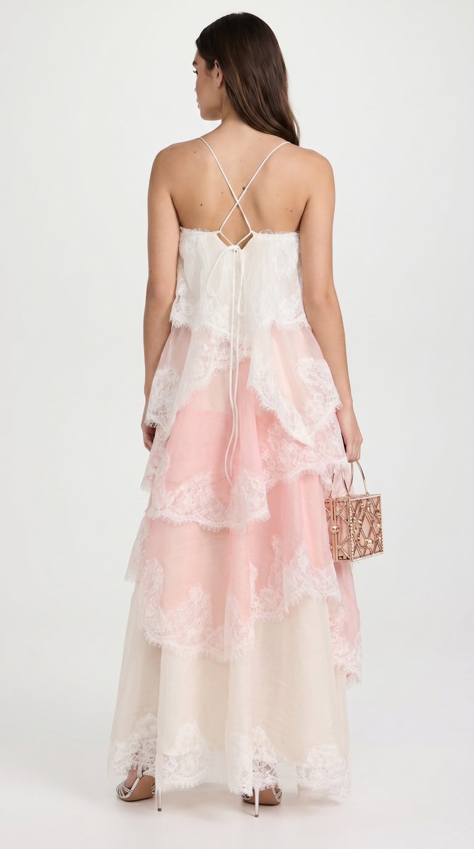 Women's Tiered Lace Organza Fall Wedding Guest Dress Maxi
