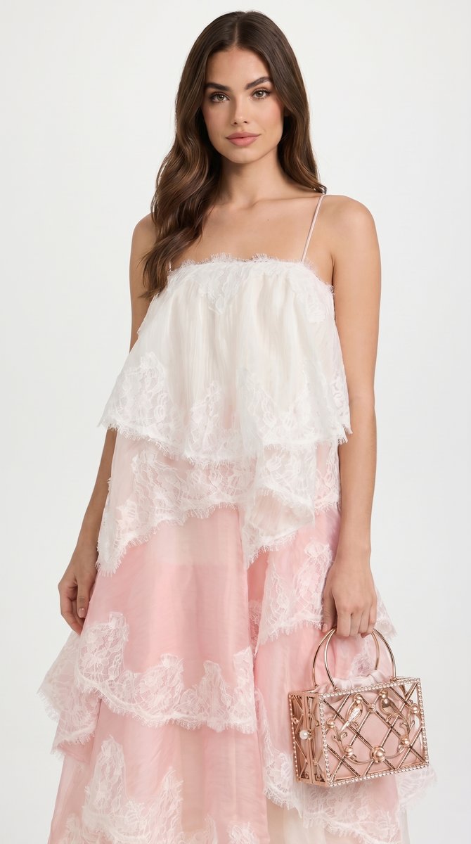 Women's Tiered Lace Organza Fall Wedding Guest Dress Maxi