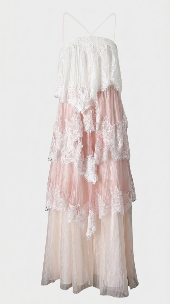 Women's Tiered Lace Organza Fall Wedding Guest Dress Maxi