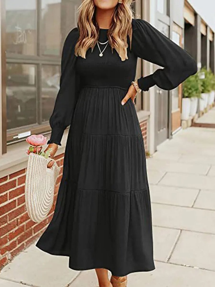 Women's Tiered Long-Sleeve Smocked Fall Midi Dress