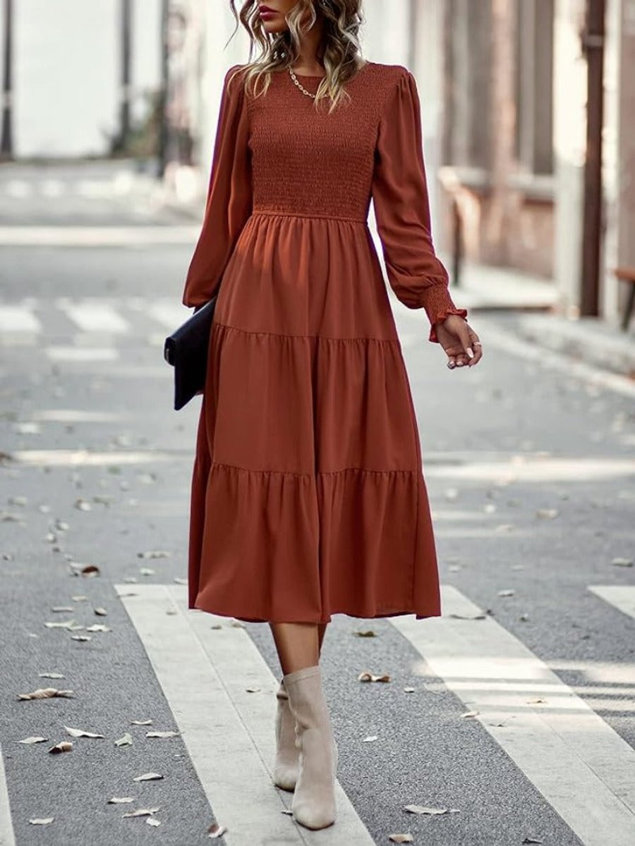 Women's Tiered Long-Sleeve Smocked Fall Midi Dress