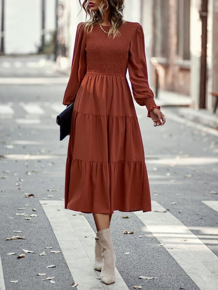Women's Tiered Long-Sleeve Smocked Fall Midi Dress