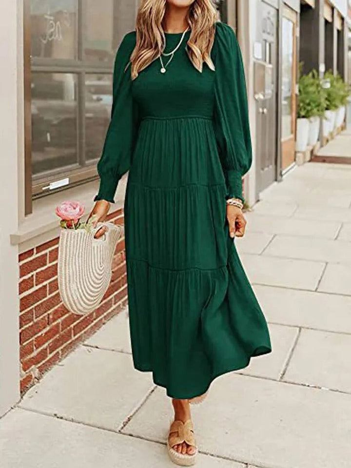 Women's Tiered Long-Sleeve Smocked Fall Midi Dress