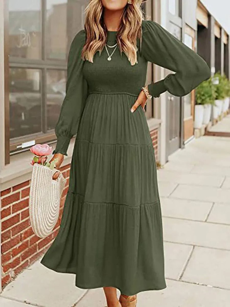 Women's Tiered Long-Sleeve Smocked Fall Midi Dress