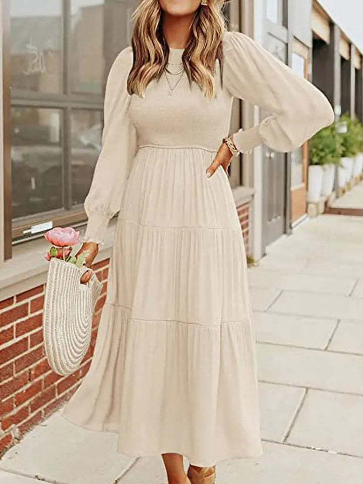 Women's Tiered Long-Sleeve Smocked Fall Midi Dress