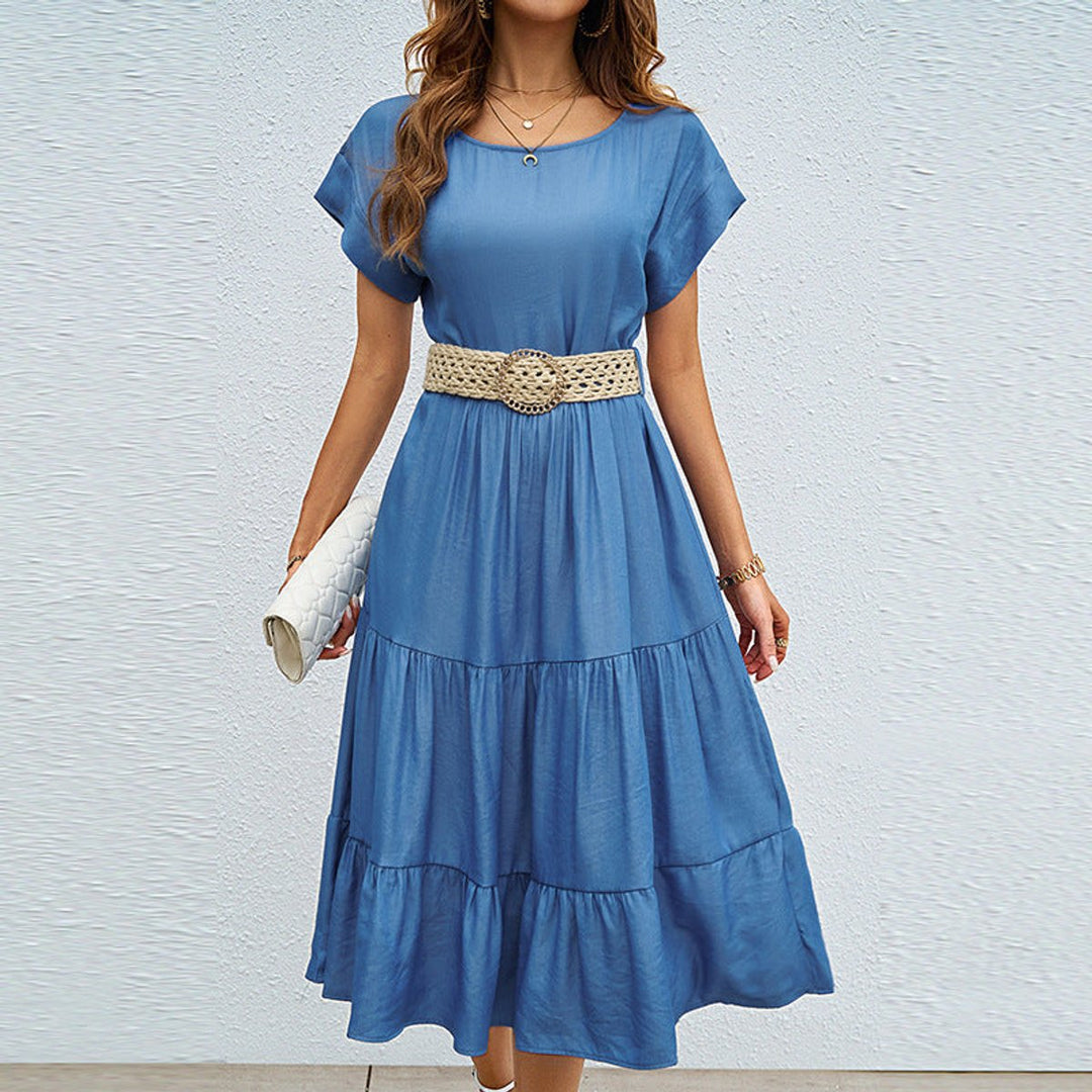 Women's Tiered Ruffle Belted Fall Midi Dress Short Sleeve