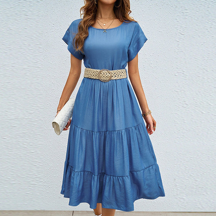 Women's Tiered Ruffle Belted Fall Midi Dress Short Sleeve