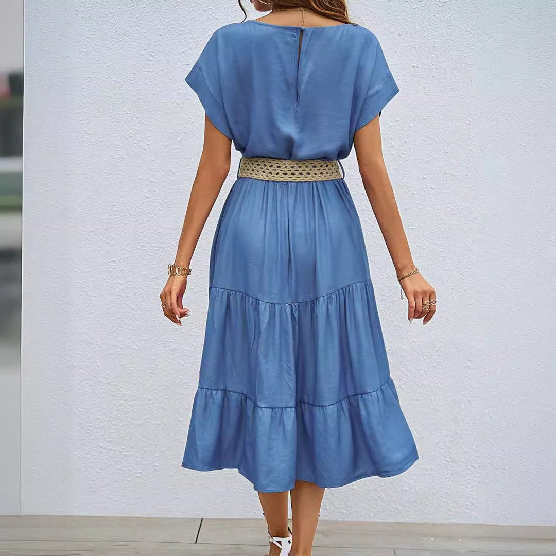 Women's Tiered Ruffle Belted Fall Midi Dress Short Sleeve