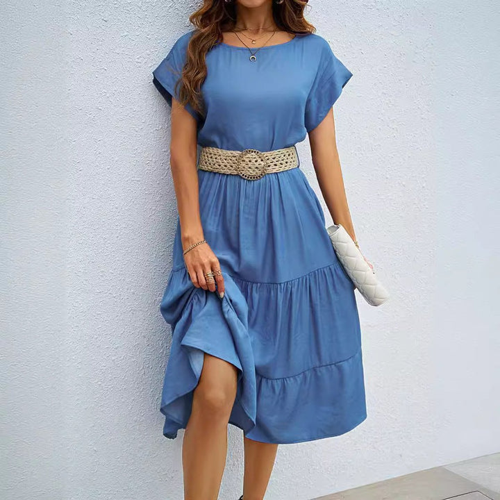Women's Tiered Ruffle Belted Fall Midi Dress Short Sleeve