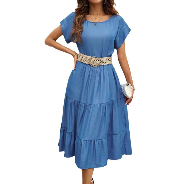 Women's Tiered Ruffle Belted Fall Midi Dress Short Sleeve