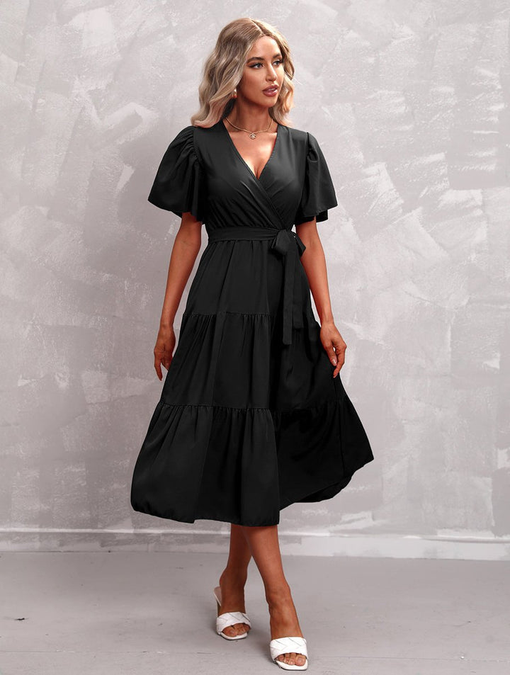 Women's Tiered Ruffle Wrap Fall Midi Dress Puff Sleeve