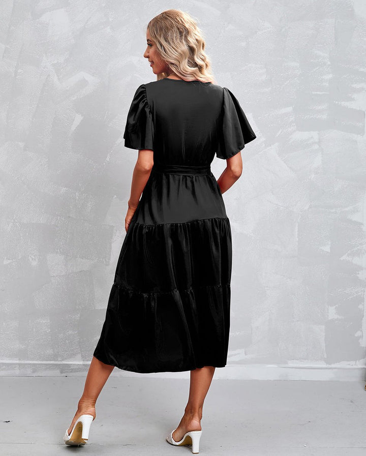 Women's Tiered Ruffle Wrap Fall Midi Dress Puff Sleeve