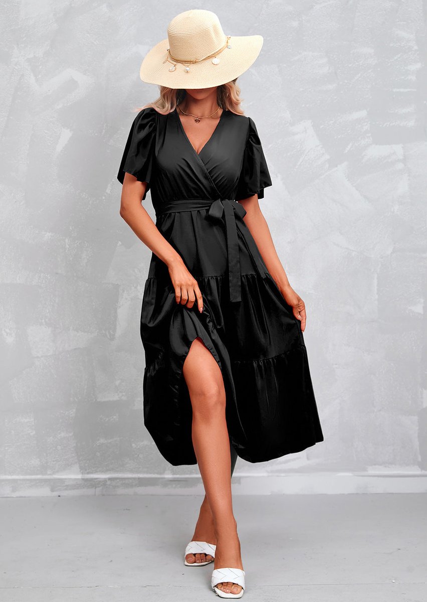 Women's Tiered Ruffle Wrap Fall Midi Dress Puff Sleeve