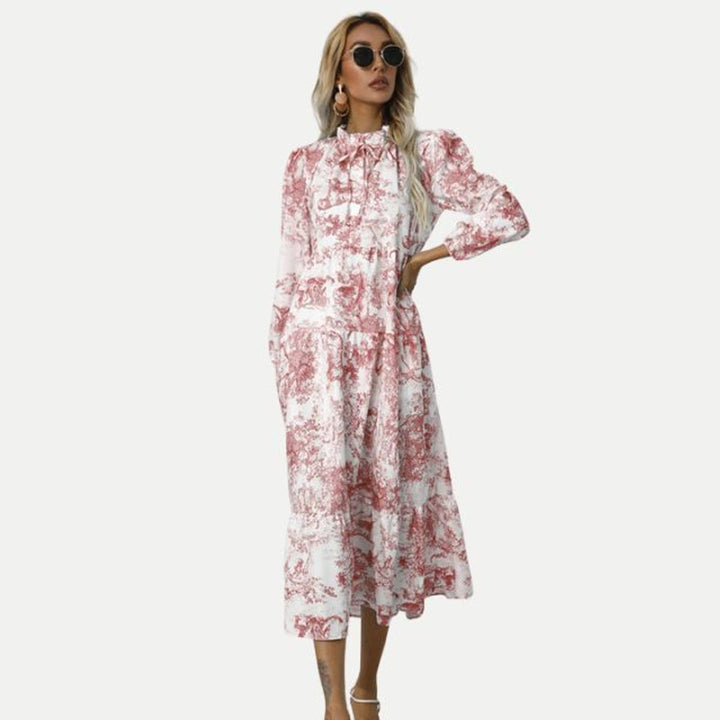 Women's Toile Print Long Sleeve Fall Midi Dress Tiered Swing