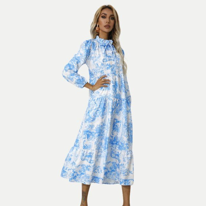 Women's Toile Print Long Sleeve Fall Midi Dress Tiered Swing