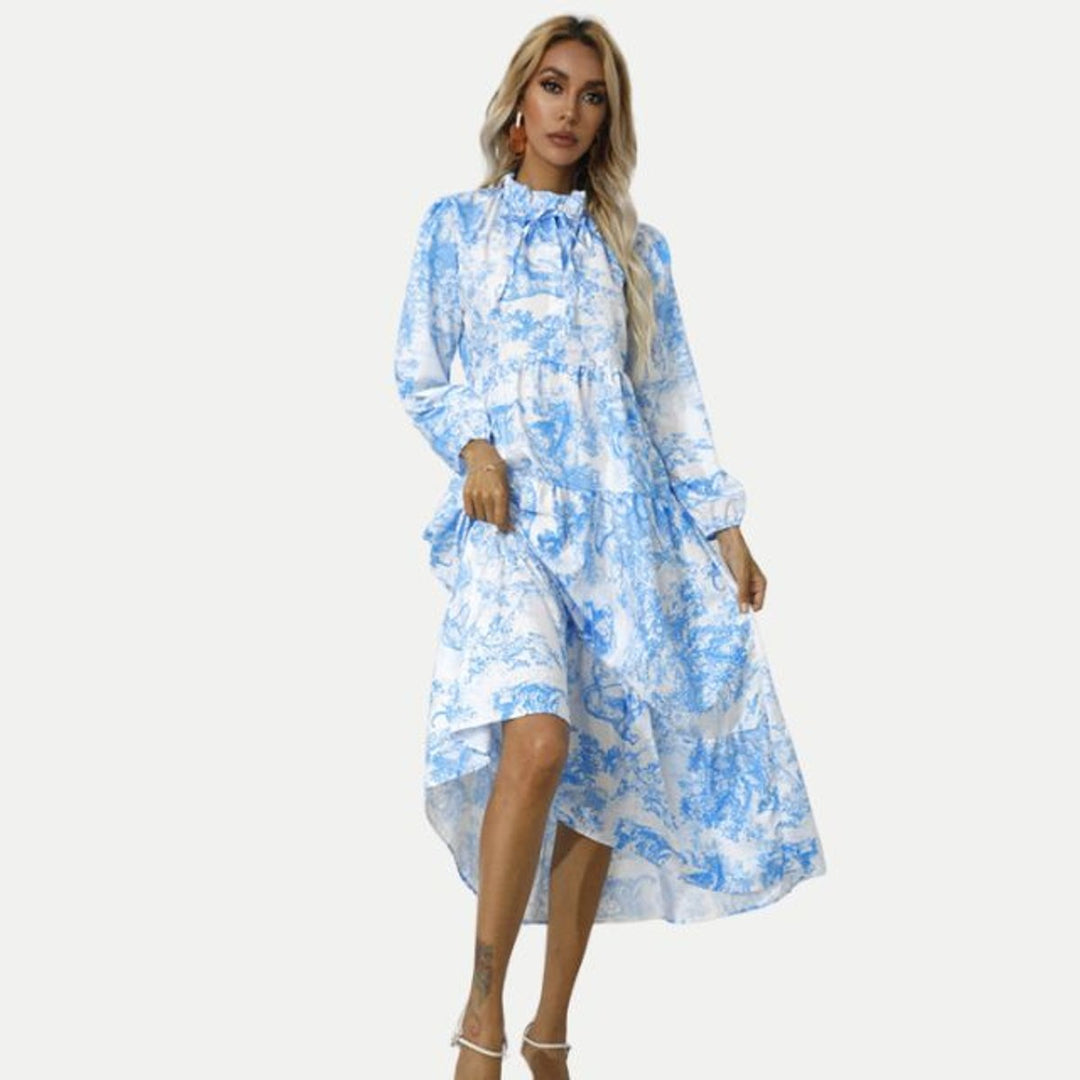 Women's Toile Print Long Sleeve Fall Midi Dress Tiered Swing