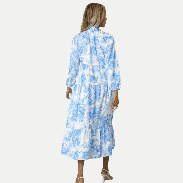 Women's Toile Print Long Sleeve Fall Midi Dress Tiered Swing