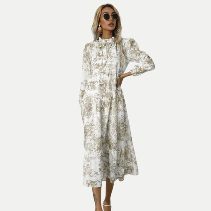 Women's Toile Print Long Sleeve Fall Midi Dress Tiered Swing