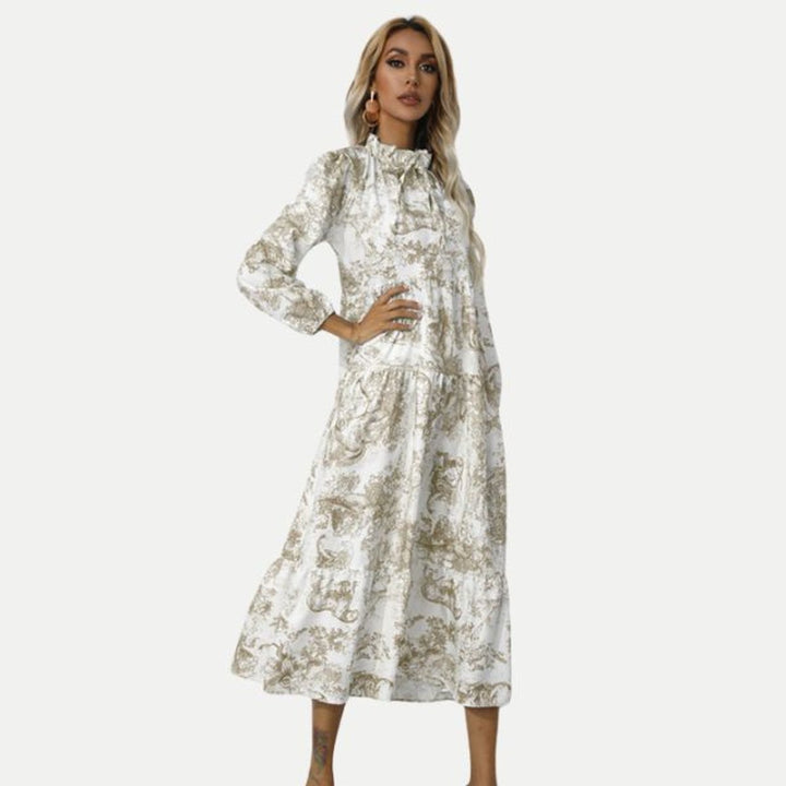 Women's Toile Print Long Sleeve Fall Midi Dress Tiered Swing