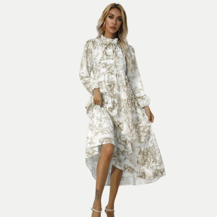 Women's Toile Print Long Sleeve Fall Midi Dress Tiered Swing