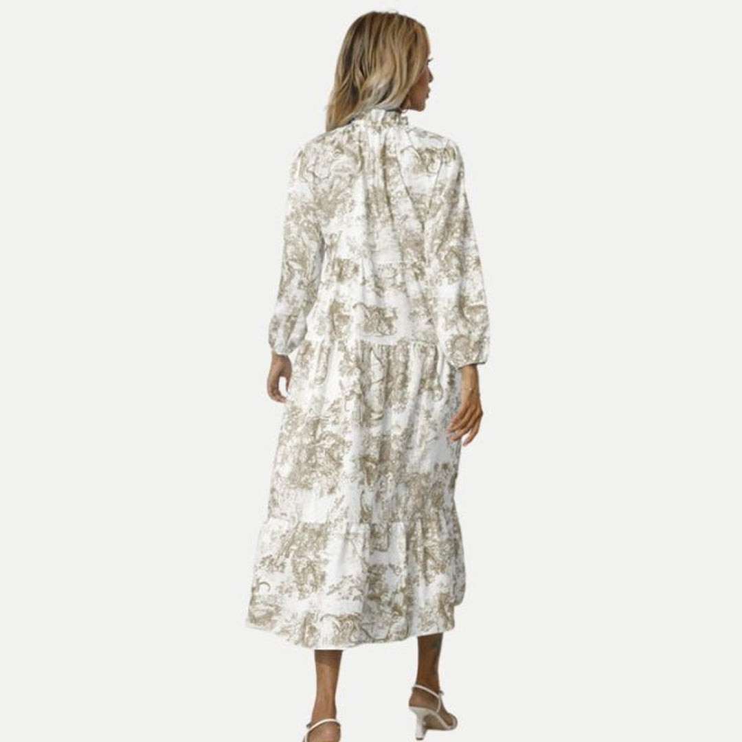 Women's Toile Print Long Sleeve Fall Midi Dress Tiered Swing