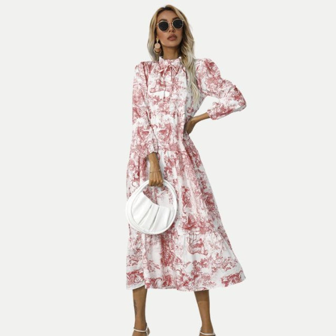 Women's Toile Print Long Sleeve Fall Midi Dress Tiered Swing