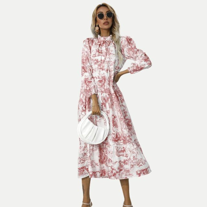 Women's Toile Print Long Sleeve Fall Midi Dress Tiered Swing