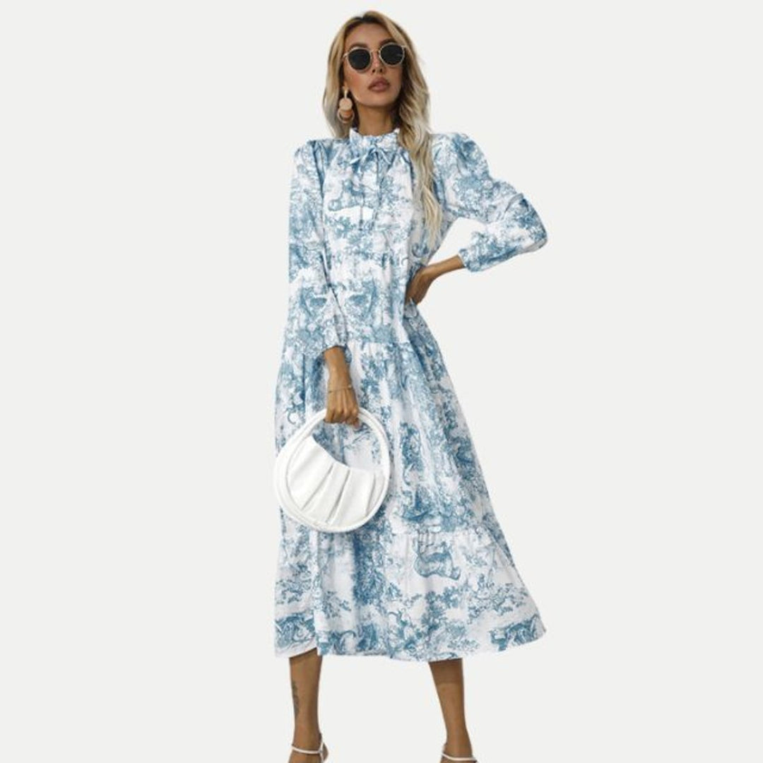 Women's Toile Print Long Sleeve Fall Midi Dress Tiered Swing