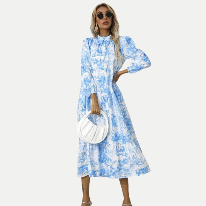 Women's Toile Print Long Sleeve Fall Midi Dress Tiered Swing