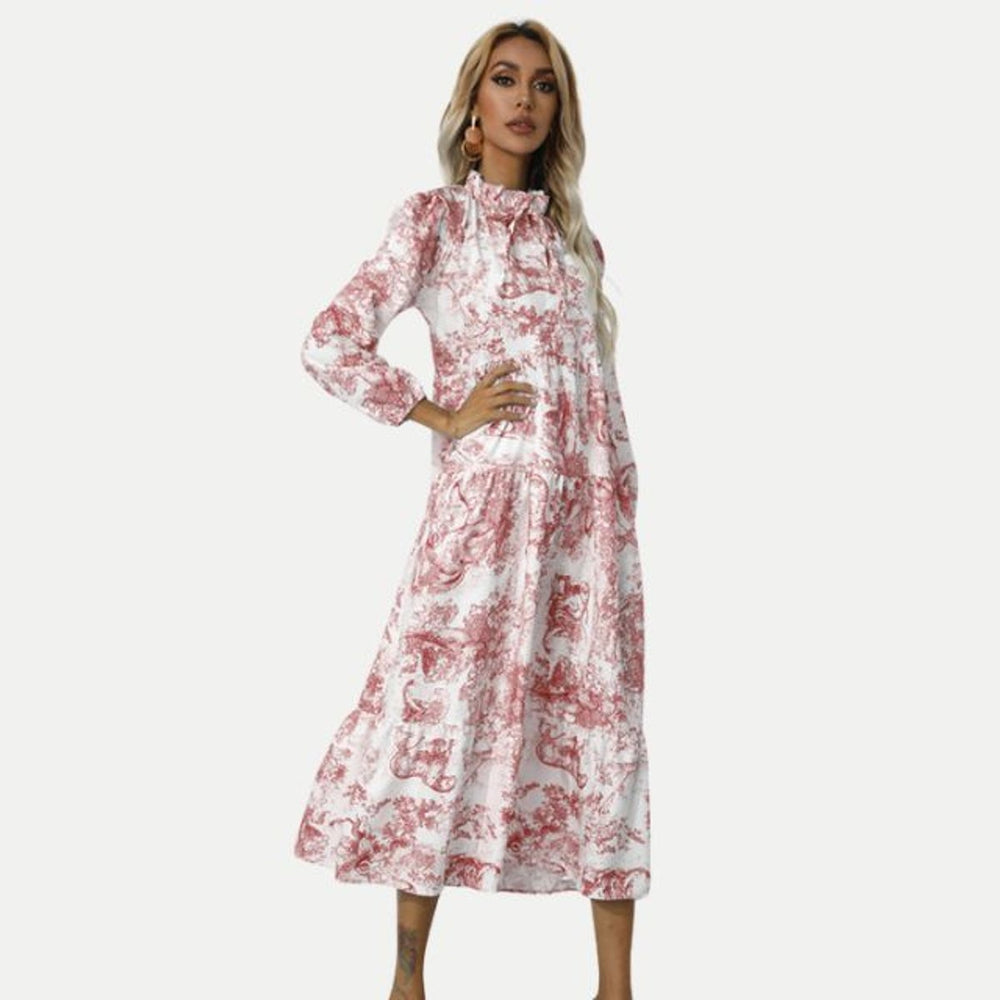 Women's Toile Print Long Sleeve Fall Midi Dress Tiered Swing