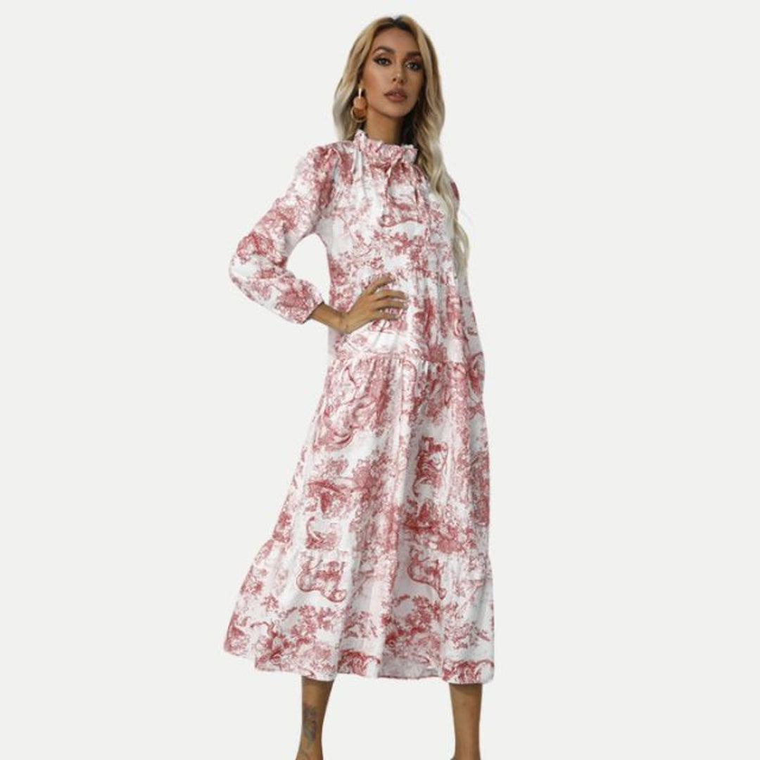 Women's Toile Print Long Sleeve Fall Midi Dress Tiered Swing