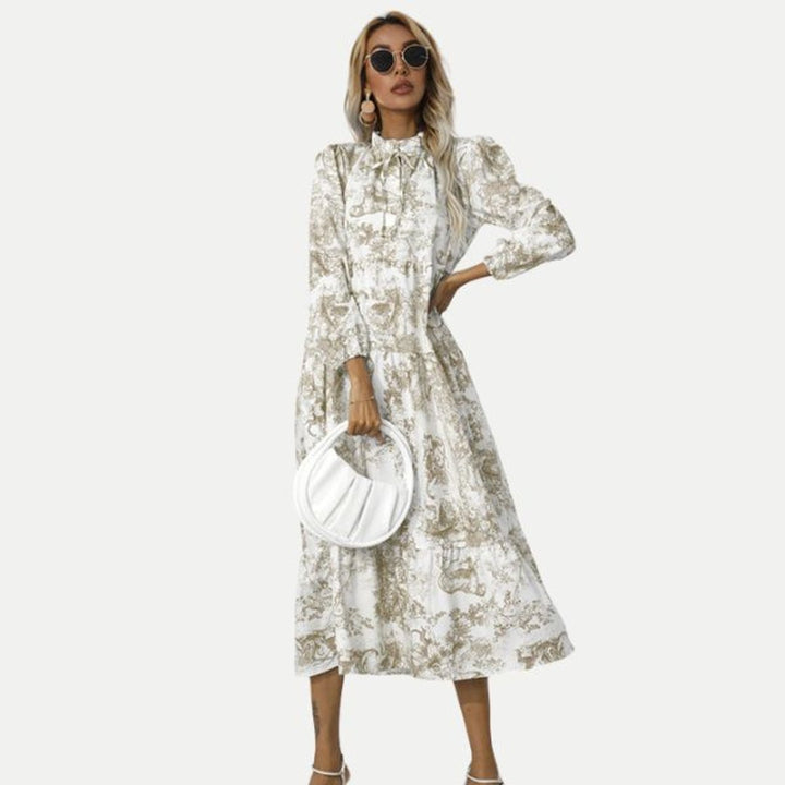 Women's Toile Print Long Sleeve Fall Midi Dress Tiered Swing