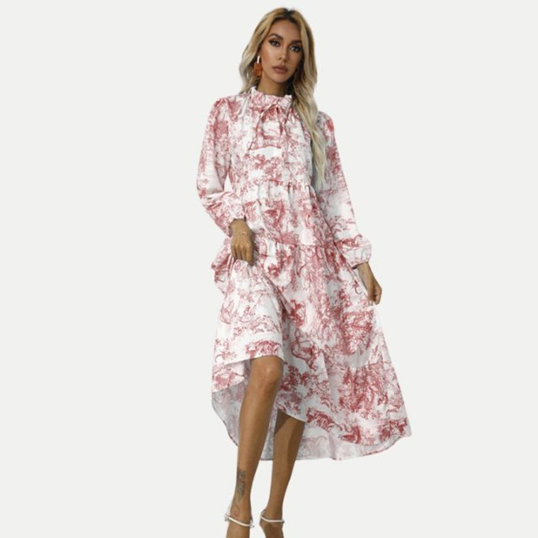 Women's Toile Print Long Sleeve Fall Midi Dress Tiered Swing