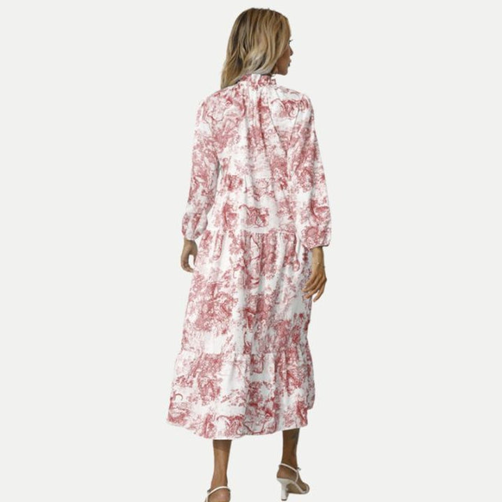 Women's Toile Print Long Sleeve Fall Midi Dress Tiered Swing
