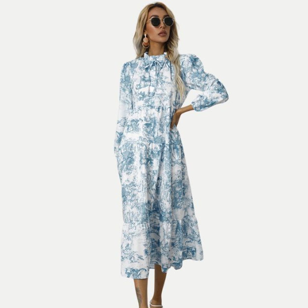 Women's Toile Print Long Sleeve Fall Midi Dress Tiered Swing