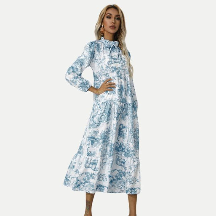 Women's Toile Print Long Sleeve Fall Midi Dress Tiered Swing
