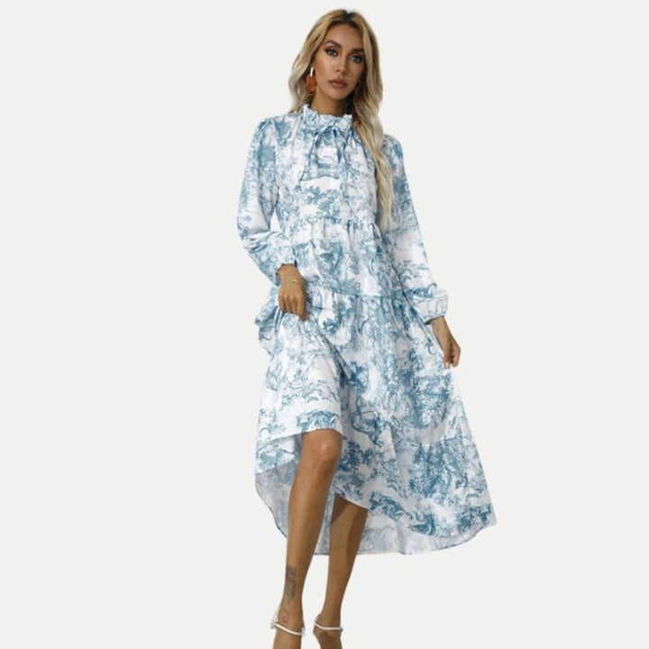 Women's Toile Print Long Sleeve Fall Midi Dress Tiered Swing