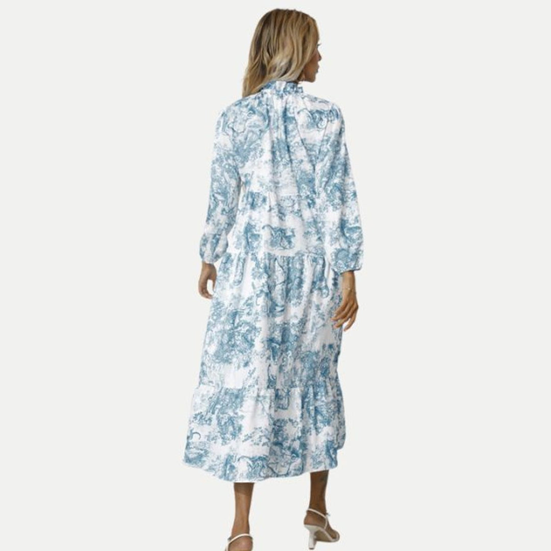 Women's Toile Print Long Sleeve Fall Midi Dress Tiered Swing